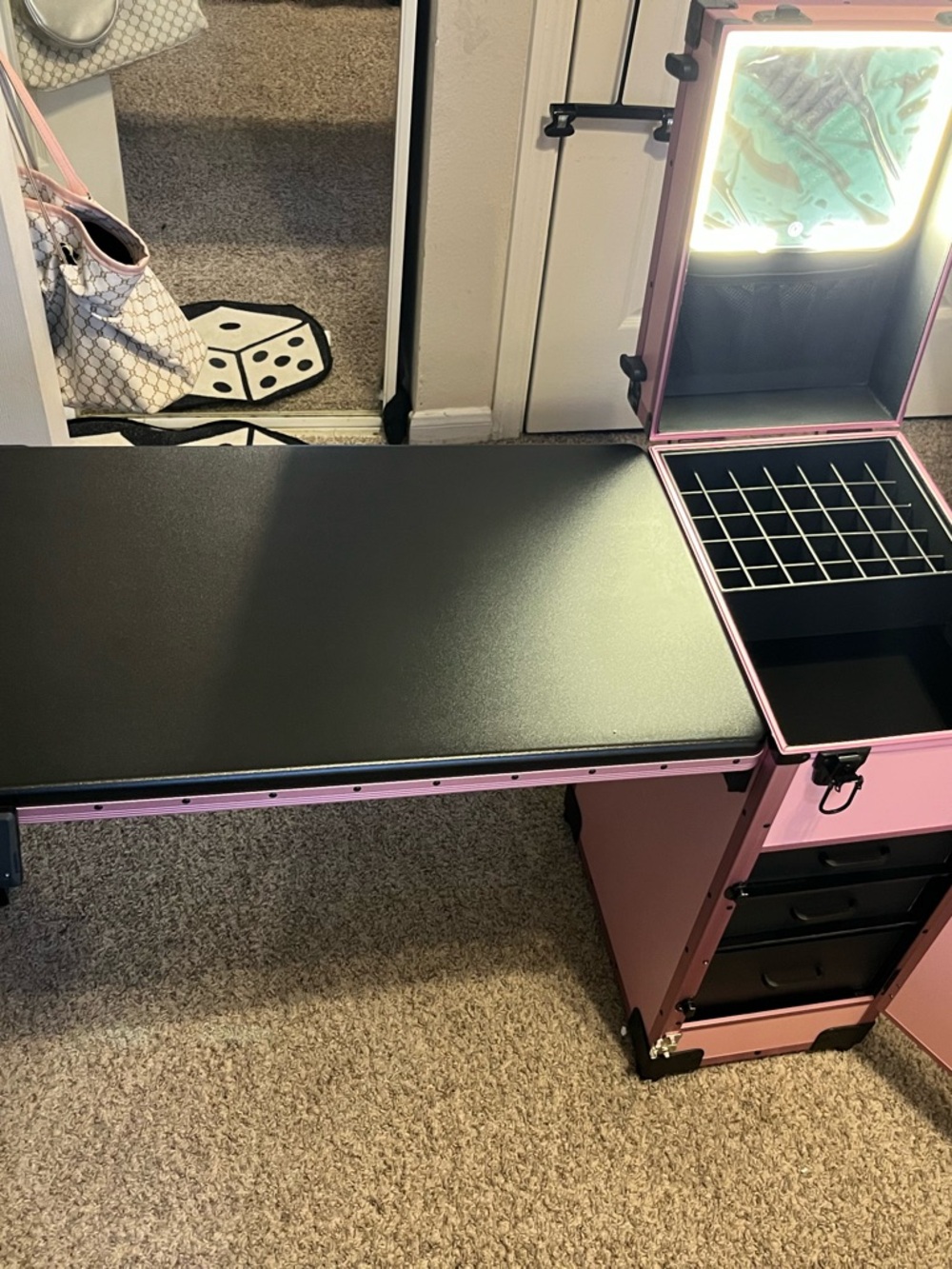 Portable Pink Makeup Train Case with Fold-Out Work Surface